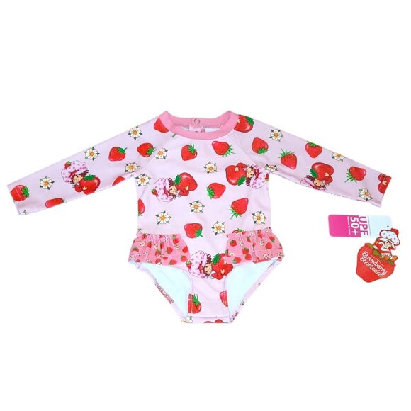 Strawberry Shortcake Girls Size 6/9 Months Long Sleeve Swimsuit Pink Red UPF 50+ - Picture 2 of 7